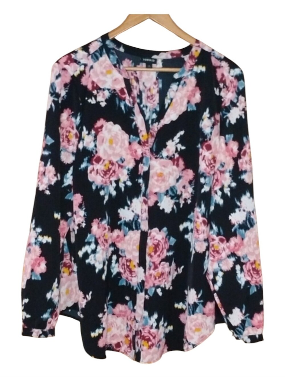 Torrid Button Down Blouse Black and Pink Flowered Print Size 2